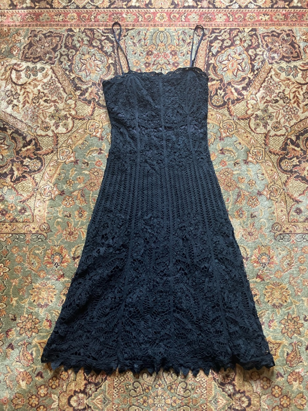 Betsey Johnson Black Lace Midi Dress with Spaghetti Straps
